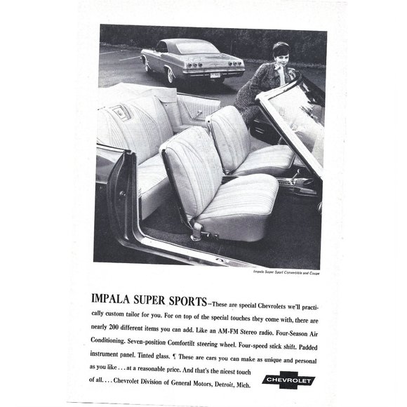 Impala Superior Sports Car Chevrolet Convertible 1960s Vintage Print Ad 9 in - Picture 1 of 4